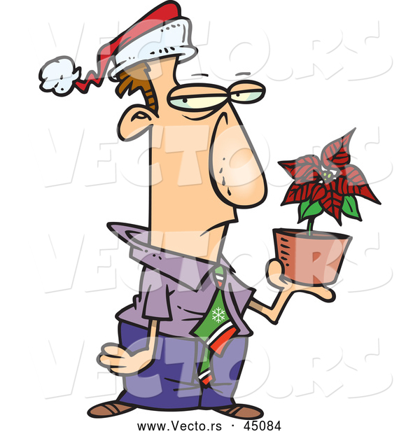 Vector of an Unhappy Cartoon Employee Holding a Potted Poinsettia Plant While Wearing a Santa Hat