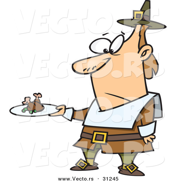 Vector of an Unhappy Cartoon Pilgrim Man Looking at His Meagre Meal on a Plate