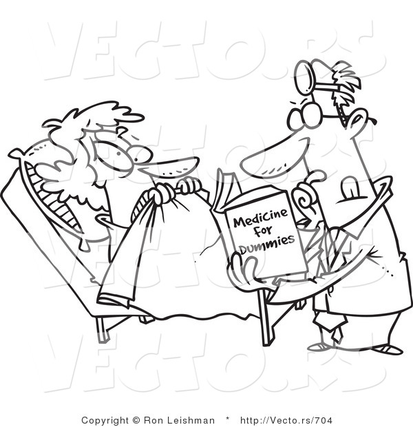 Vector of an Unqualified Cartoon Psychiatrist Reading a Dummy Book Beside Nervous - Line Drawing