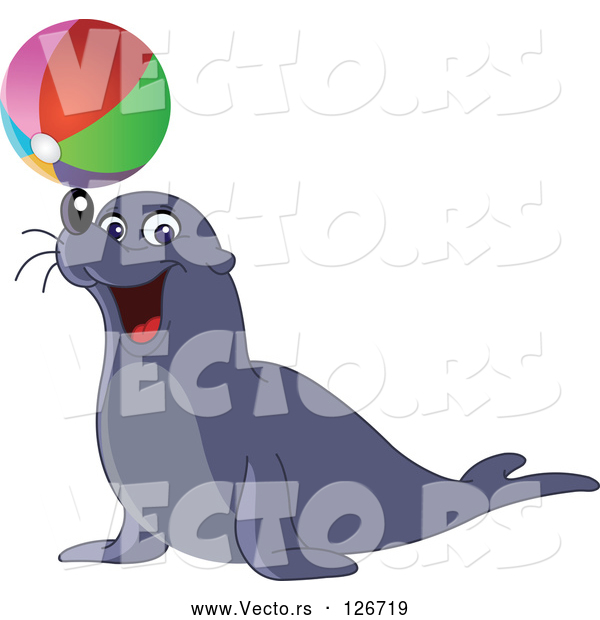 Vector of and Entertaining Sea Lion Balancing a Colorful Beach Ball on His Nose