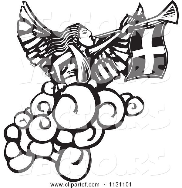 Vector of Angel Playing a Trumpet Black and White Woodcut
