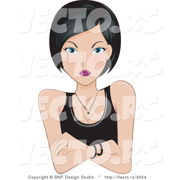 Vector of Angry Girl with Black Hair and Blue Eyes, Her Arms Crossed