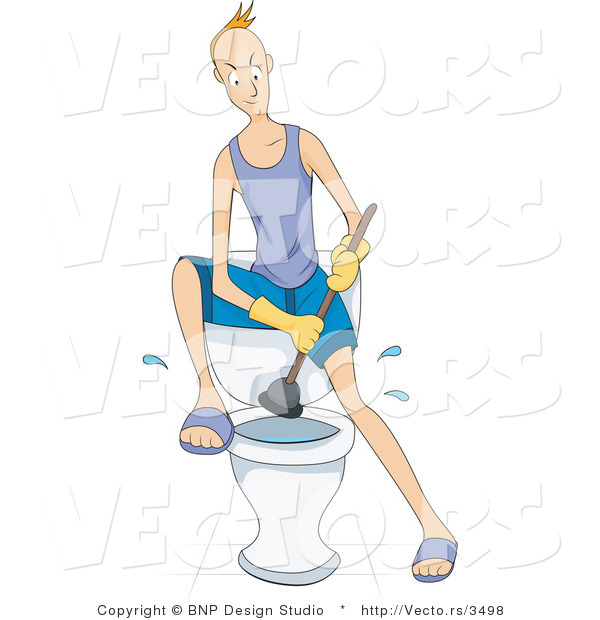 Vector of Angry Young Man Plunging Clogged Toilet with Plunger