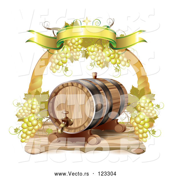 Vector of Arch of White Grapes and a Banner over a Wine Barrel