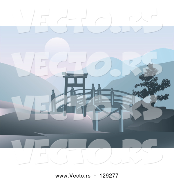 Vector of Asian Footbridge Spanning Through Hills with a Full Moon over Mountains