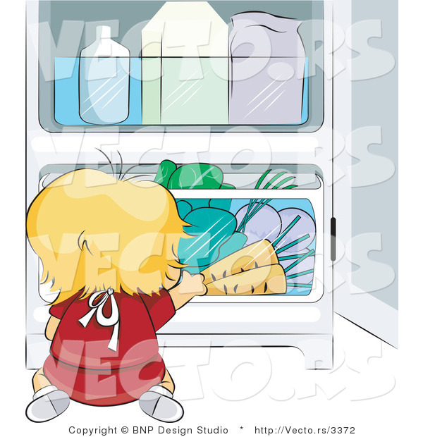 Vector of Baby Chef Getting Vegetables from Fridge