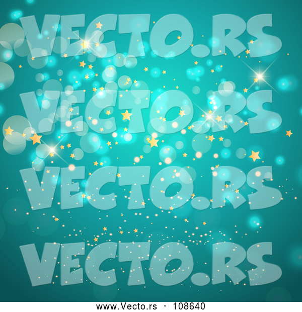 Vector of Background of Gold Stars and Bokeh Flares on Turquoise