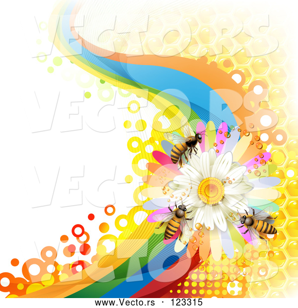 Vector of Background of Honey Bees on a Daisy Rainbow Wave with Honeycombs