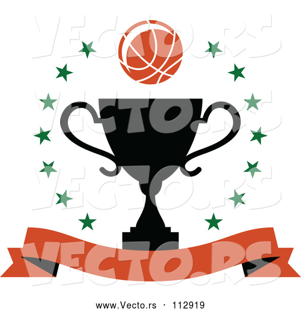 Vector of Basketball over a Black Trophy in a Circle of Stars with a Blank Banner