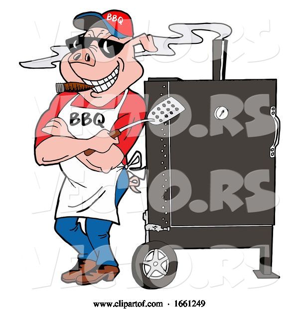 Vector of Bbq Pig Smoking a Cigar and Leaning Against a Smoker