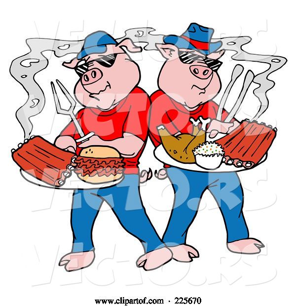 Vector of Bbq Pigs with Plates of Ribs, Pulled Pork Burgers and Poultry