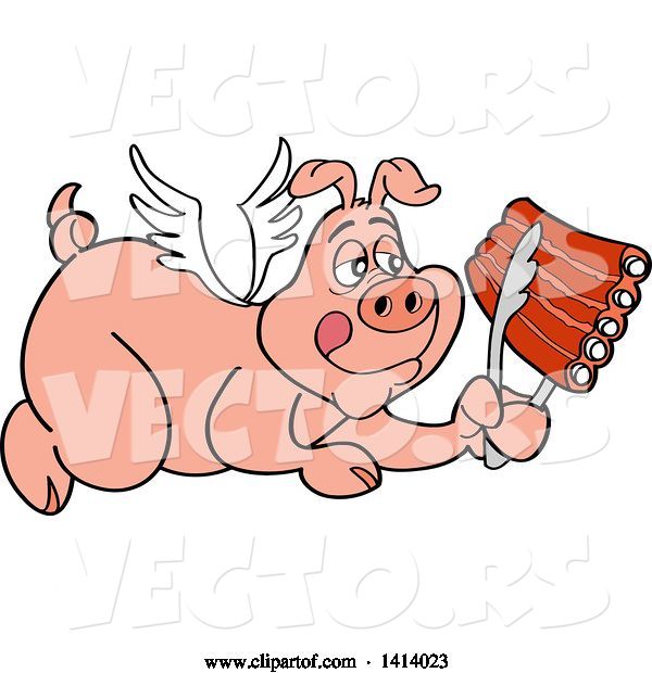 Vector of Bbq Winged Angel Pig Flying and Holding Spare Ribs in Tongs