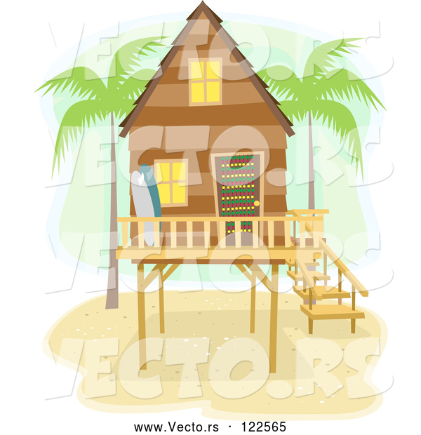 Vector of Beach House on Stilts with Palm Trees and Surf Boards