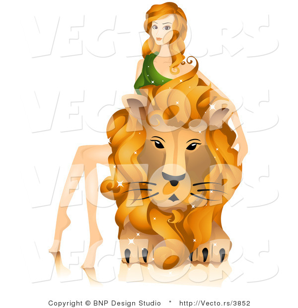 Vector of Beautiful Horoscope Leo Girl Sitting on and Petting a Lion