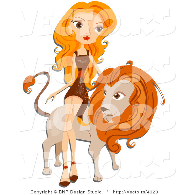 Vector of Beautiful Leo Zodiac Girl Leaning Against a Lion