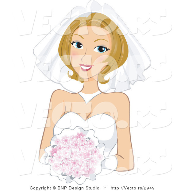 Vector of Beautiful Young Bride Wearing Gown While Holding a Flower Bouquet