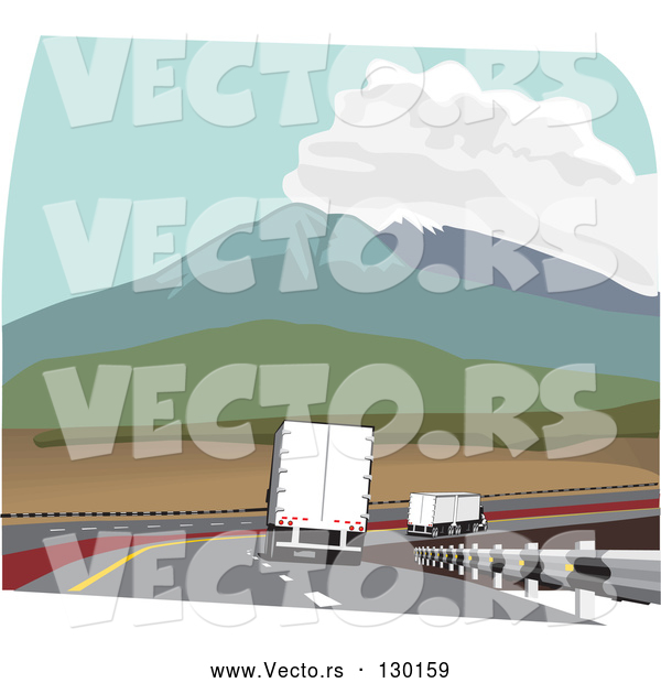 Vector of Big Rig Truck Driving in the Slow Lane Behind Other Trucks Through the Mountain Pass on the Highway