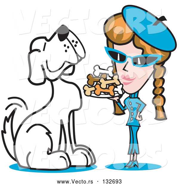 Vector of Big Spoiled White Dog Waiting As a Lady Serves Him a Tray of Dog Bone Biscuits