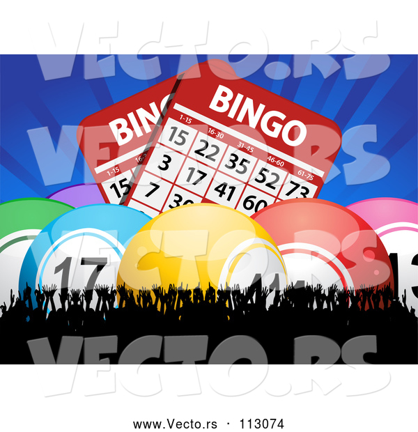 Vector of Bingo Balls and Giant Cards with Blue Rays over a Silhouetted Cheering Crowd