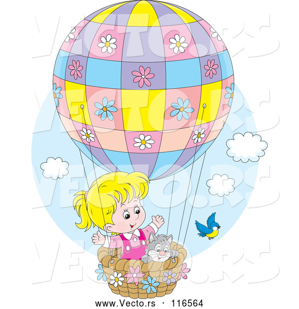 Vector of Bird by a Cat and Blond Girl in a Hot Air Balloon