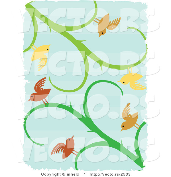 Vector of Birds on Vines over Blue with White Grunge Borders