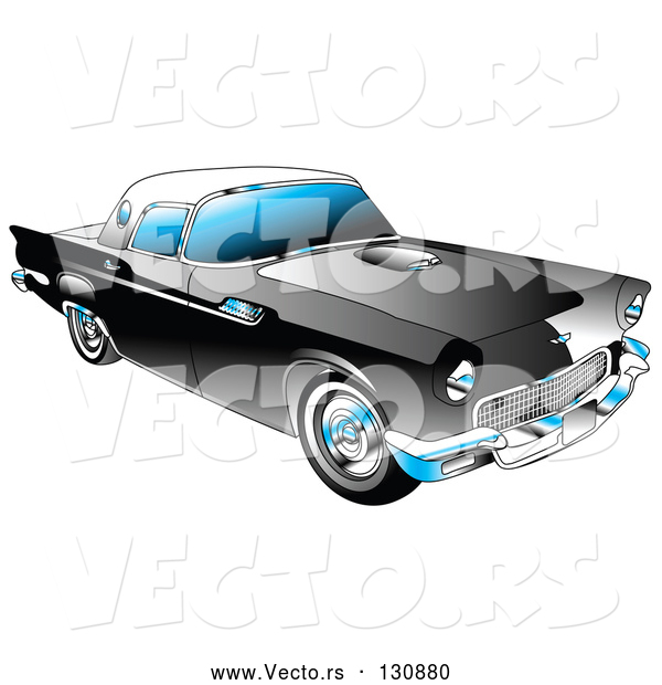 Vector of Black 1955 Ford Thunderbird Car with a White Removable Fiberglass Top and Chrome Accents