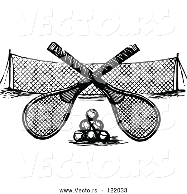 Vector of Black and White Crossed Tennis Rackets over Balls and a Net