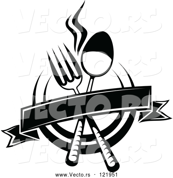 Vector of Black and White Dining and Restaurant Menu Silverware Banner and Plate