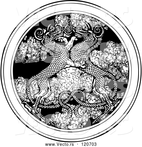 Vector of Black and White Dragons Entwined over a Medallion of Smoke