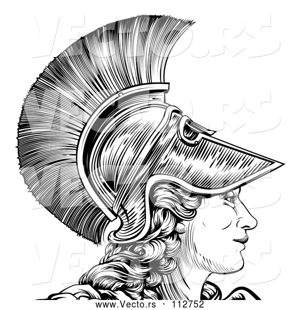 Vector of Black and White Engraved Greek Warrior Lady Athena, Hera, or Britannia in Profile