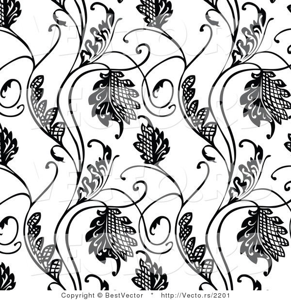 Vector of Black and White Floral Hatch Vines - Seamless Digital Background