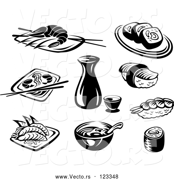 Vector of Black and White Japanese Food and Dishes