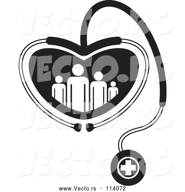 Vector of Black and White Medical Stethoscope Forming a Heart Around a Family