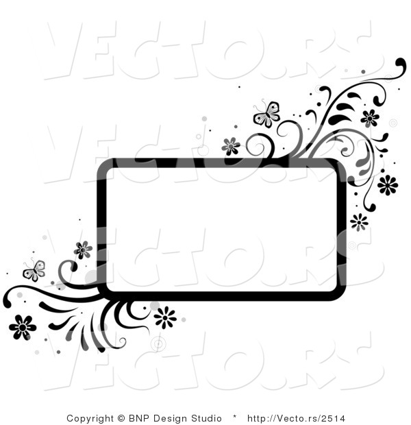 Vector of Black and White Rectangular Background Frame with Vines and Butterflies