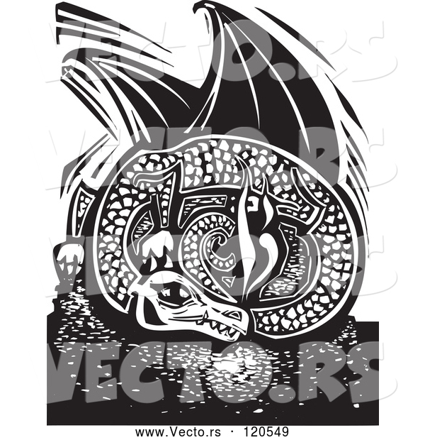 Vector of Black and White Resting Fire Breathing Dragon Woodcut