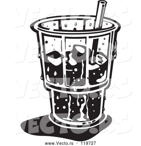 Vector of Black and White Retro Ice Cold Glass with a Straw and Ice