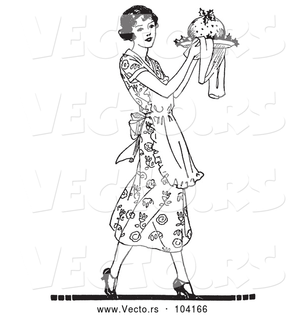 Vector of Black and White Retro Lady Carrying Plum Pudding on a Plate