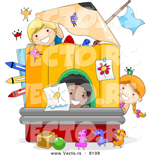 Vector of Black and White School Kids Playing in a Pencil Designed Play House