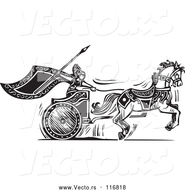Vector of Black and White Woodcut Charging Viking Valkyrie and Horse Chariot