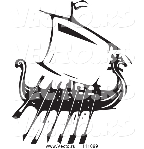 Vector of Black and White Woodcut Dragon Viking Ship with Oars