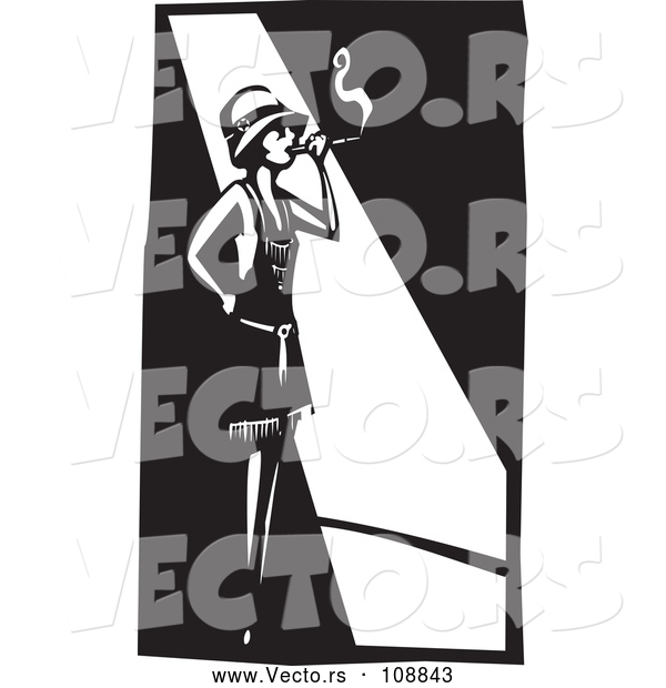 Vector of Black and White Woodcut Flapper Girl Smoking a Cigarette in a Spot Light