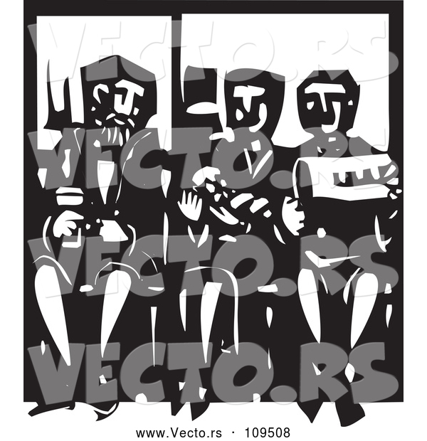 Vector of Black and White Woodcut Woman Holding a Baby and Sitting Between Men on a Subway