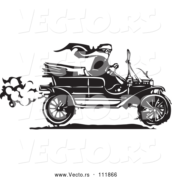 Vector of Black and White Woodcut Woman Wearing a Scarf and Driving an Antique Model T Car