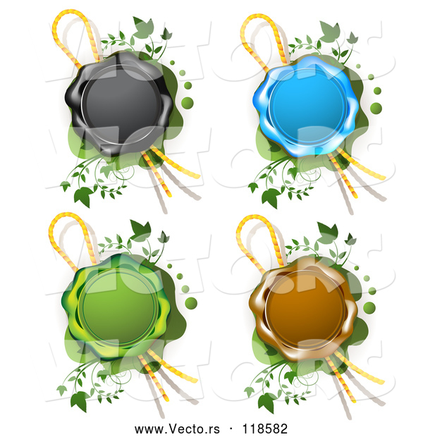 Vector of Black Blue Green and Brown Wax Seals with Ribbons over Green with Vines