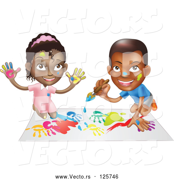 Vector of Black Boy and Girl Hand Painting and Painting Together