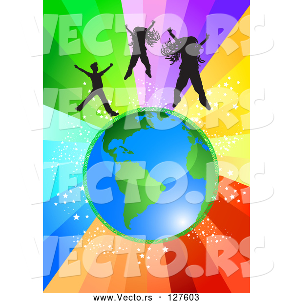 Vector of Black Girls and a Boy Jumping Above Planet Earth over a Starry Rainbow Burst Background