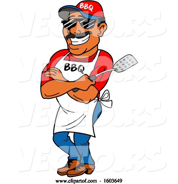 Vector of Black Guy Holding a Spatula in Folded Arms and Leaning Against a Bbq Smoker