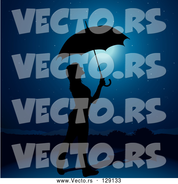Vector of Black Silhouetted Lady Holding an Umbrella Under a Night Sky