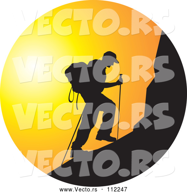 Vector of Black Silhouetted Man Hiking a Mountain Against a Sunset Circle