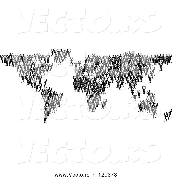 Vector of Black Silhouetted People Crowding Together and Forming the Global Continents